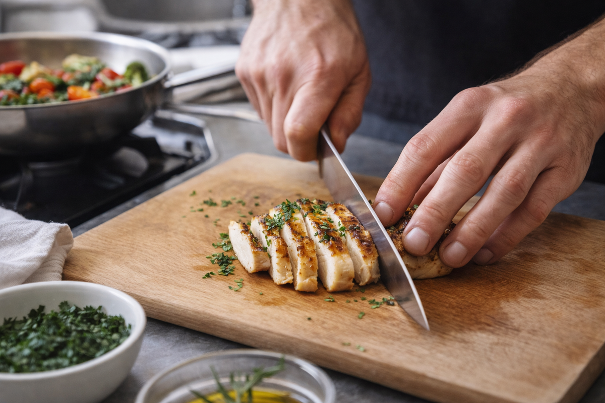 Chef preparing fresh meal prep in Toronto kitchen using high quality ingredients and small batch cooking