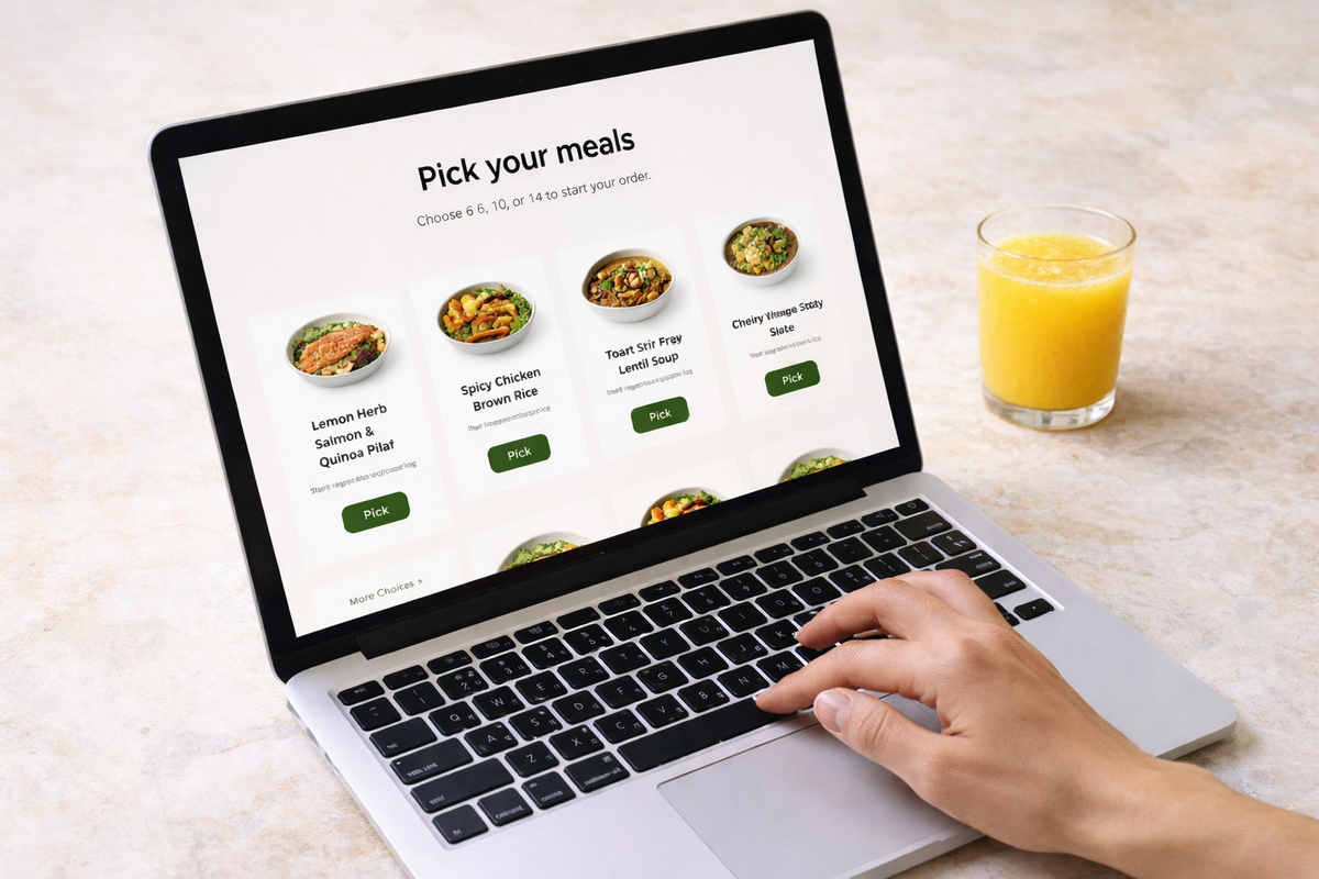 Ordering meal prep online in Toronto by selecting weekly menu and choosing meal plan options