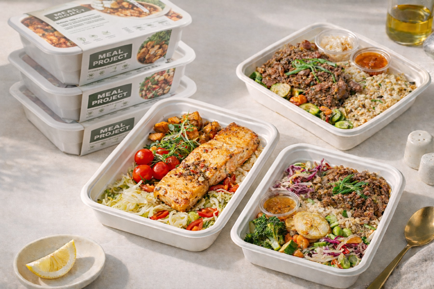 Meal containers with food from The Meal Project on a light surface.