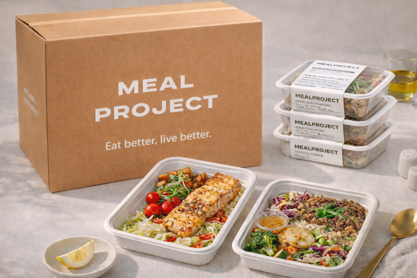 Meal Project packaging with food containers on a light background