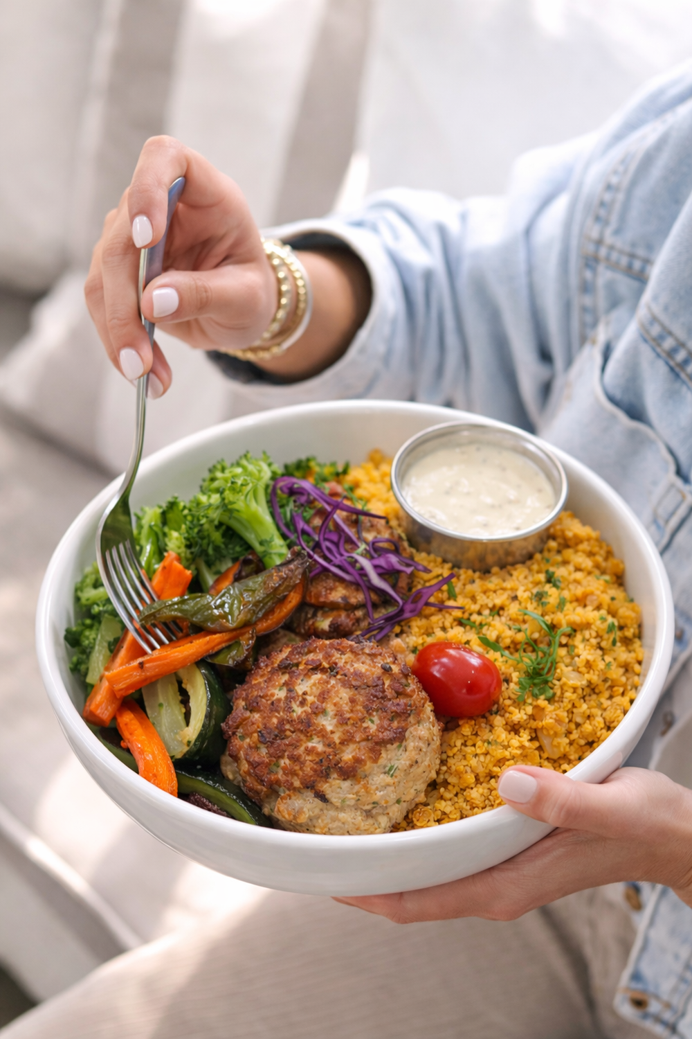 Balanced meal bowl with vegetables, protein, and grains, designed for steady energy and clean eating