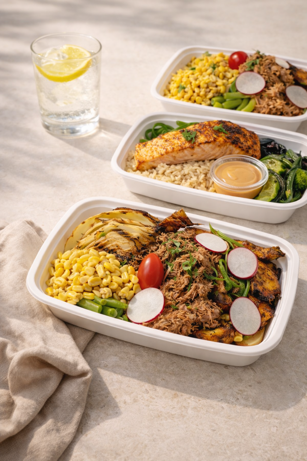 High protein meal prep containers with salmon, beef, vegetables, and grains, chef prepared in Toronto